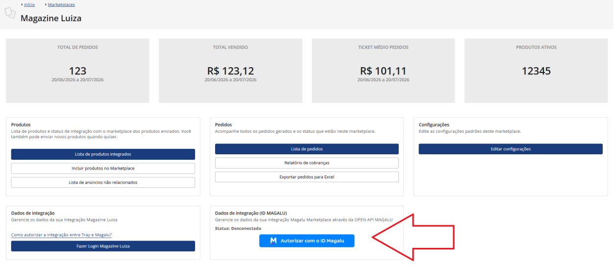 Página da integração antiga caso feche a modal sem autorizar nova API.