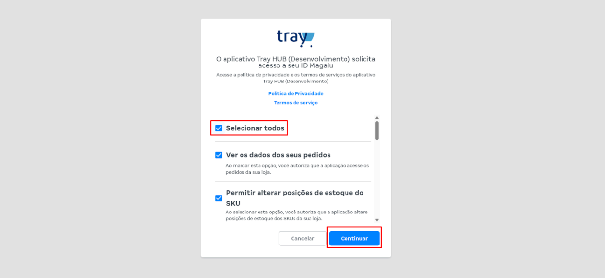 Concedendo acesso à Tray nos dados da conta Magalu.