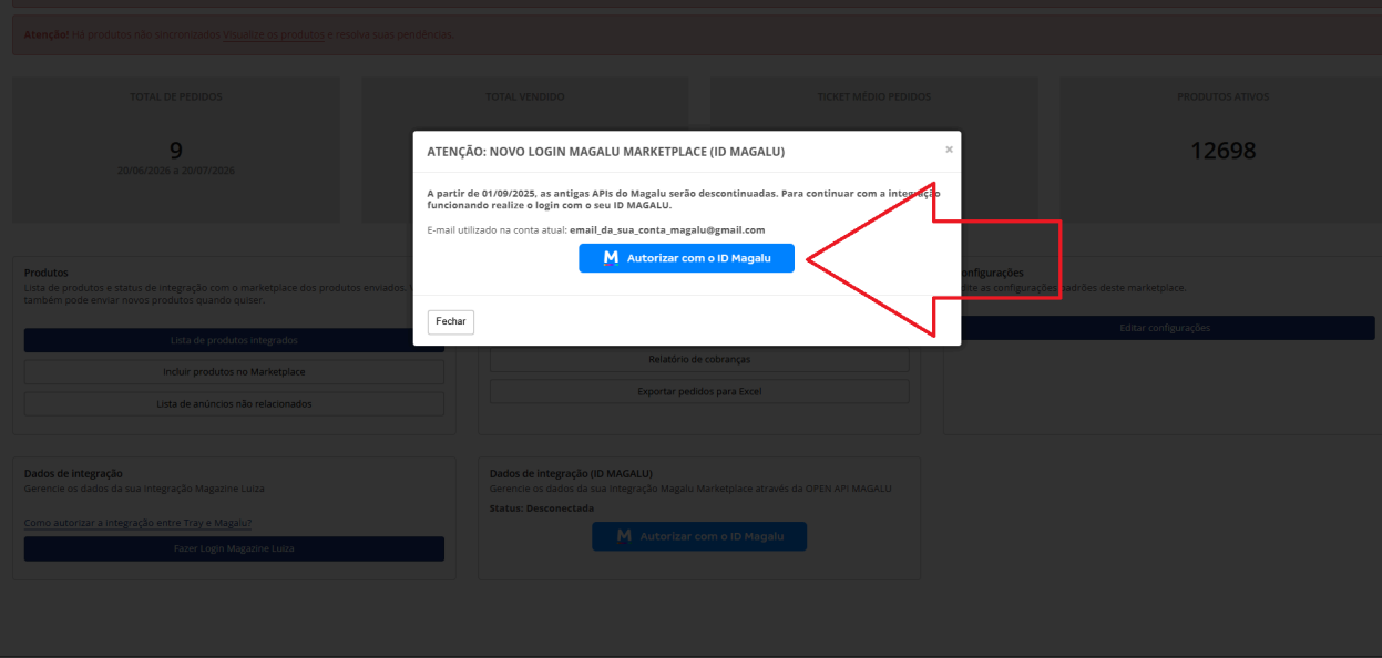 Pop-up quando acessamos a integração antiga e ainda não possui autorização na nova API.