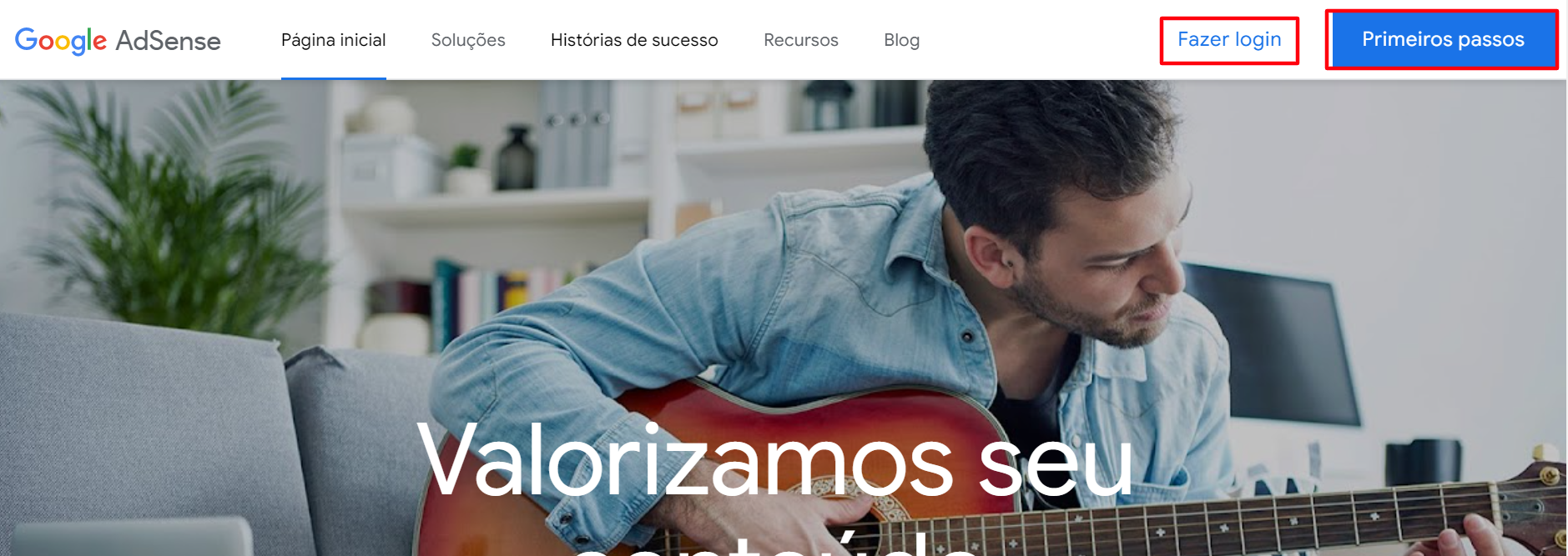 Tela inicial do AdSense